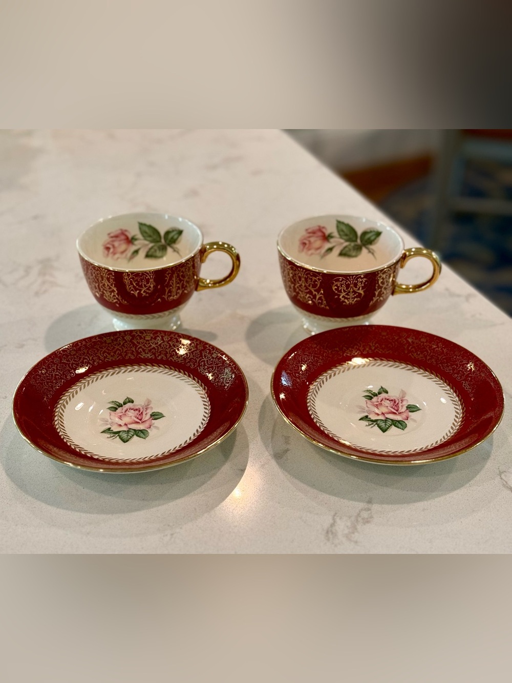 Vintage Homer Laughlin Rose Teacups & Saucers – Red & Gold Set (4 pcs)